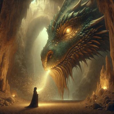 The primary subject of the image is a person, likely a woman, standing in a cave. The setting is a dark, cavernous environment with a large, green dragon-like creature looming in the background. The visual style appears to be a digital art or illustration, creating a dramatic and mysterious atmosphere. The dominant colors are dark and green, with the dragon's scales and the cave's walls contributing to the overall mood.